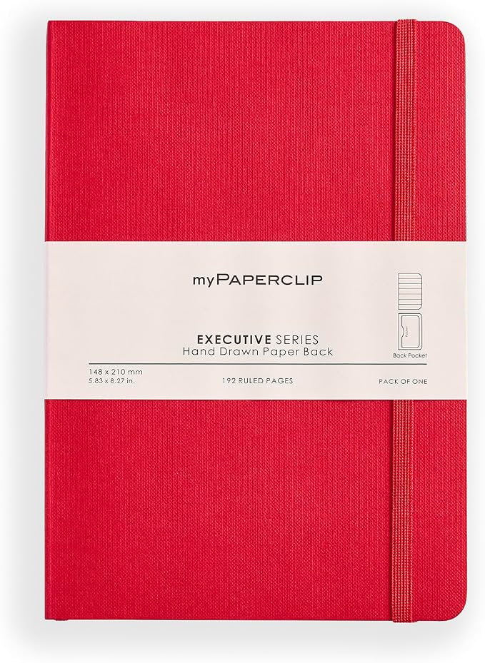 myPAPERCLIP Executive Series A5 Ruled Notebook | 192 Pages, 80 GSM, Soft Cover, A5 (5.83 x 8.27 in) | Flat Lay | Bookmark, Elastic Closure & Back Pocket | Red