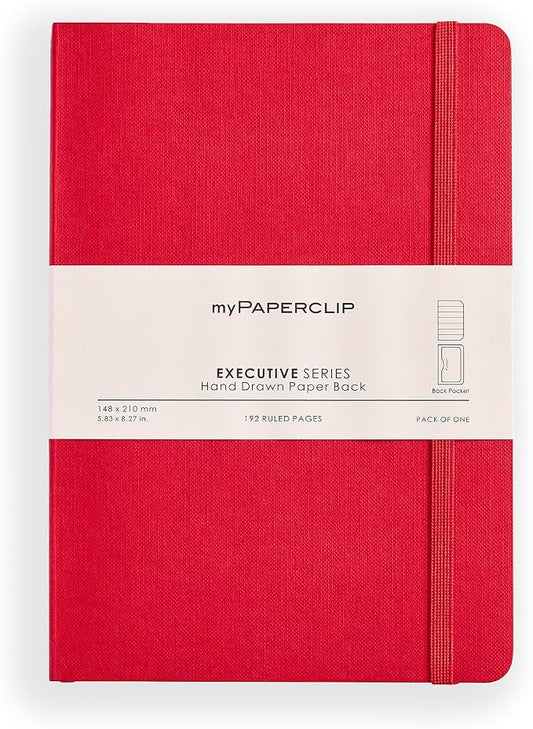 myPAPERCLIP Executive Series A5 Ruled Notebook | 192 Pages, 80 GSM, Soft Cover, A5 (5.83 x 8.27 in) | Flat Lay | Bookmark, Elastic Closure & Back Pocket | Red