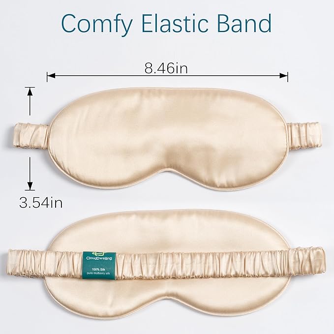 100% 22 Momme 6A Grade Double-Sided Pure Mulberry Silk Eye Mask Soft Breathable Sleep Blindfold with Elastic Headband for Men and Women Pack of 1 (Champagne)