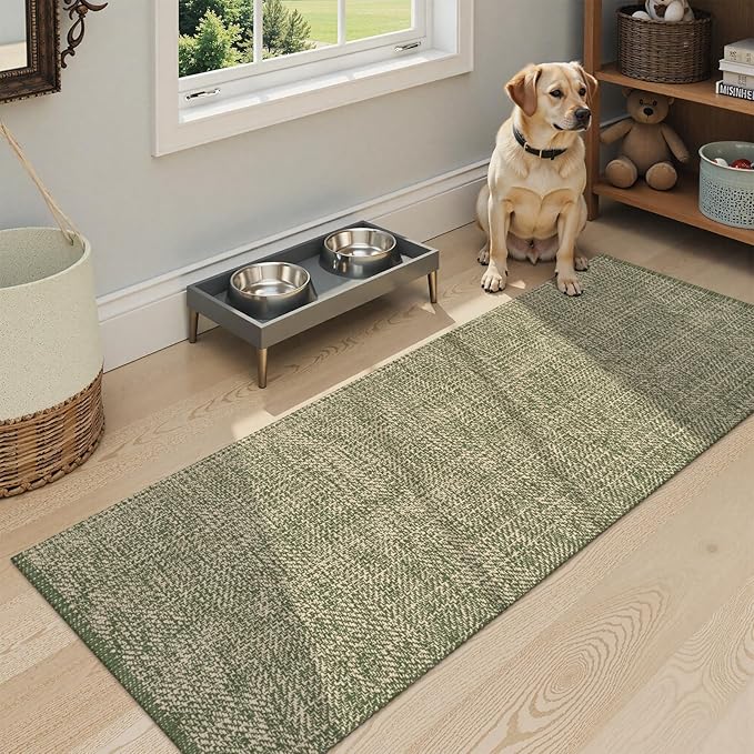 LEEVAN Washable Kitchen Runner Rug 2'x6', Cotton Woven Entryway Rug Reversible Hallway Runners, Modern Bathroom Rugs Farmhouse Kitchen Mat, Long Carpet for Nursery Foyer(Green&Natural)