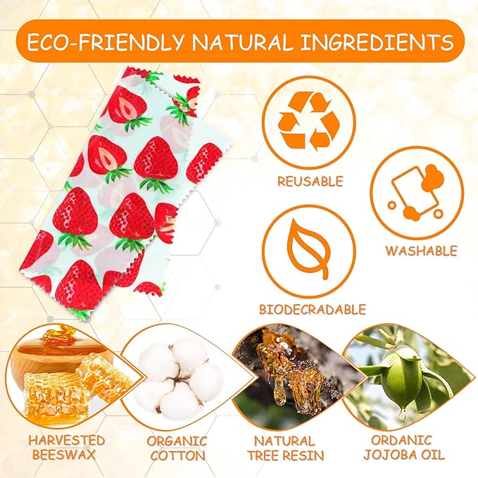 Reusable Beeswax Wrap, 4 Pack Eco-Friendly Beeswax Wraps For Food, Organic, Sustainable, Biodegradable, Zero Waste, Plastic-Free Food Storage, 1L Avocado, 1M Cherry, 1S Strawberry, 1XS Lemon Patterns