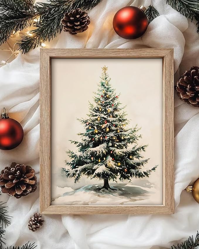Vodefoad Christmas Tree Wall Art Vintage Rustic Xmas Winter Snowy Pine Tree Canvas Oil Wall Decor Neutral Antique Holiday Christmas Tree Painting for Gallery Bedroom Bathroom - 8x10Inch Unframe
