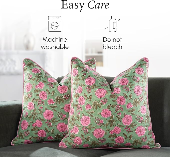 CPC 100% Cotton Throw Pillow Covers 18x18 Inch, Set of 2 Pink Block Print Pattern Couch Pillow, Cute Boho Decorative Pillows for Living Room, Bedroom with Hidden Zipper- Pink Tourmaline