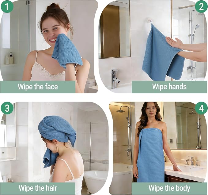 MICROFI Waffle Weave Bath Towel Set, Microfiber, 4 Pieces (Body/Hair/Hand/Face), Quick Dry, Lightweight, Super Absorbent, Lint Free, 380 GSM (Blue)