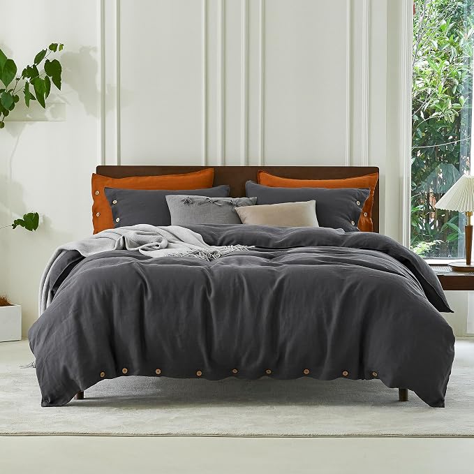EVERLY 100% Pure Linen Duvet Cover Set California King Size 104X98Inch 3pcs (1 Duvet Cover,2 Pillowcases) Soft and Breathable with Coconut Button Closure,Suitable for Hot Sleepers-Dark Grey