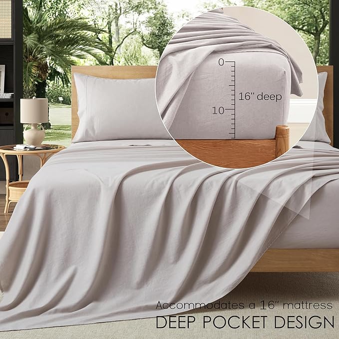 4Pcs Organic Linen Sheets California King, 100% French Linen from Normandy, Breathable Natural Linen Cal King Sheet Set with 16 Inch Deep Pocket, 1 Flat Sheet, 1 Fitted Sheet, 2 Pillowcases