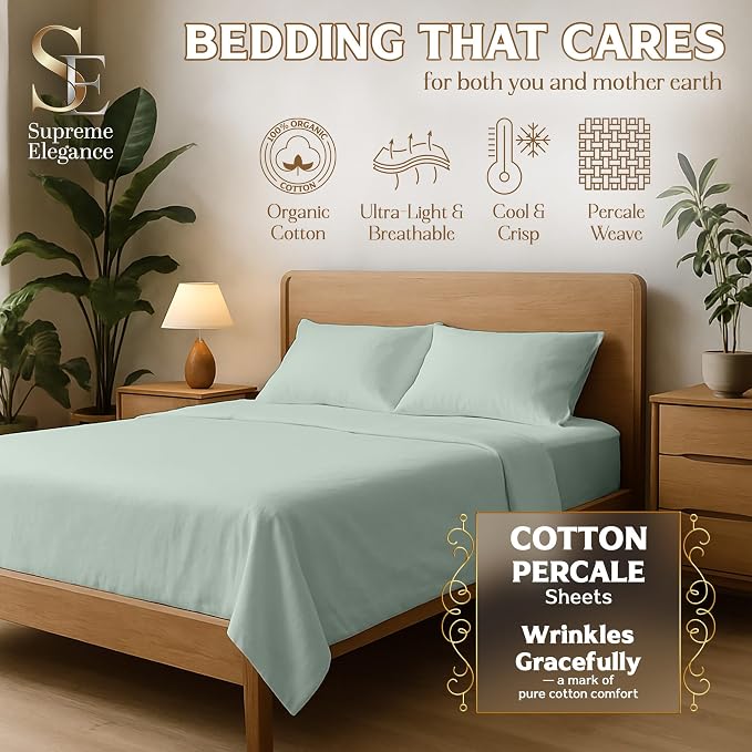 SUPREME ELEGANCE 3Pc 100% Organic Cotton Twin Bed Sheets Set, Pastel Green, Cooling Percale, Deep Pocket Fitted Sheet, Fits 14" Mattresses, Breathable Bed Sheets & Pillowcases Set, Crisp Bedding
