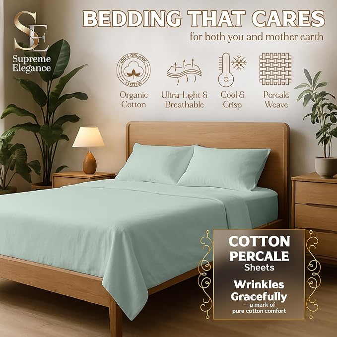 SUPREME ELEGANCE 4Pc 100% Organic Cotton Queen Sheets Set, Pastel Green, Cooling Percale, Deep Pocket Fitted Sheet, Fits 16" Mattresses, Breathable Bed Sheets & Pillowcases Set, Crisp Bedding