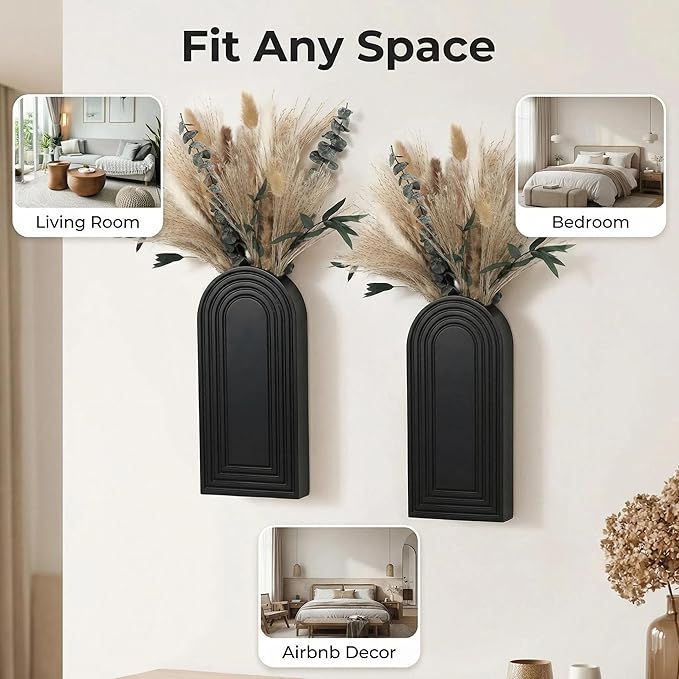 Set of 2 Wooden Wall Vases with Dried Pampas Grass & Eucalyptus, Boho Farmhouse Decor for Living Room, Entryway, Bathroom, Rustic Home Art(Black)