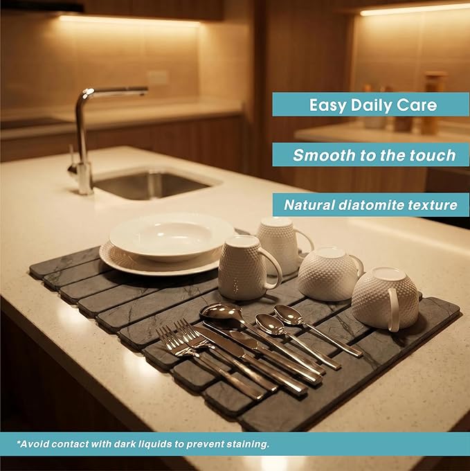 Diatomaceous Earth Stone Dish Drying Mat for Kitchen Counter – Quick Drying Mat Set (1*Large 23"×15.5" & 2*Small 7.5"×4") | Kitchen Drying Mat for Dishes, Cups & Utensils, Sink Mat (Grey Marble)