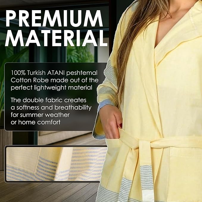 ATANI 100% Turkish Cotton Bathrobe S-XXL for Women & Men – Peshtemal Style Soft Cozy Lounge Robe, Absorbent & Lightweight