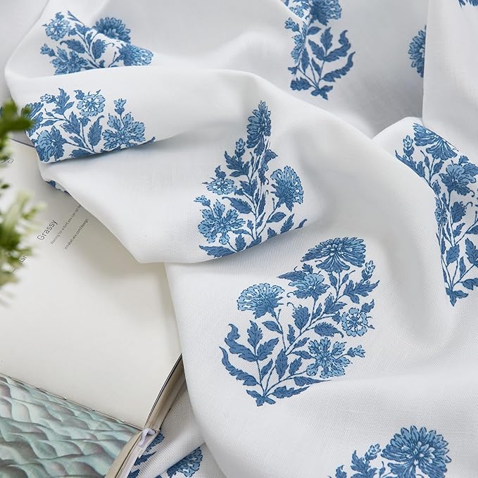 NICETOWN Blue Floral Linen Curtains 84 inches Long Pattern Printed for Girls Bedroom Nursery, Boho Farmhouse Window Sheer Curtain Drapes Aesthetic Light Filtering Privacy 2 Panel Sets, 55" W