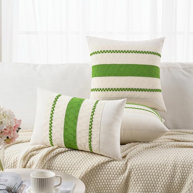 Fancy Homi Set of 2 Boho Lime Green Decorative Throw Pillow Cover 20x20 Inch for Couch Bed Sofa, Aesthetic Modern Organic Farmhouse Home Decor, Soft Cotton Cute Accent Macrame Woven Cushion Case