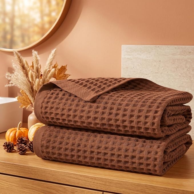Jacquotha Waffle Bath Towels Set of 2 (Rust) - Low Lint, Lightweight & Quick Dry Cotton Towels, Fall Bathroom Decor, Large 31” x 62”