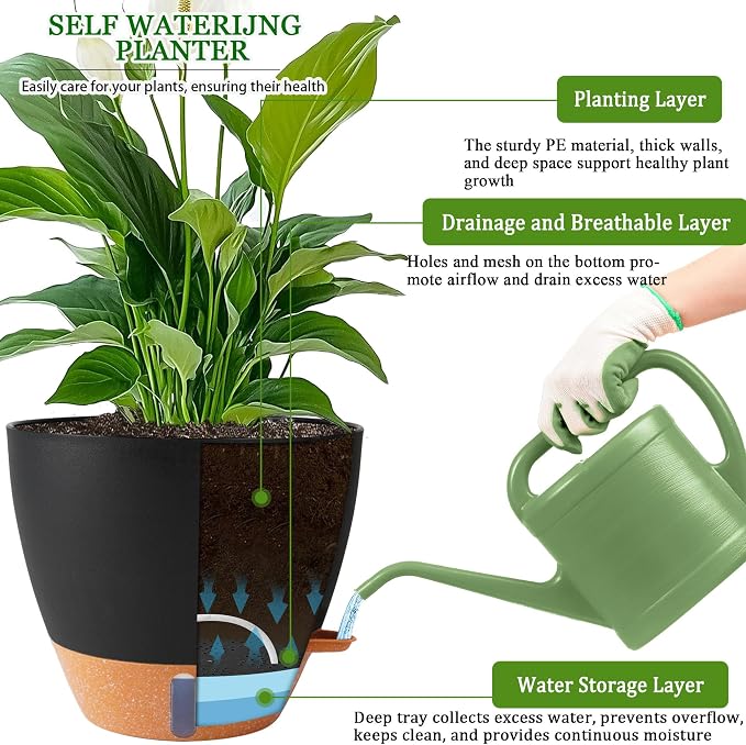 2 Pack 10 inch Plant Pots, Plastic Self Watering Planters with Drainage Holes, Deep Reservoir, Water Level Indicator, Modern Decorative Flower Pots for Indoor Outdoor Plants (Black, 10 inch)