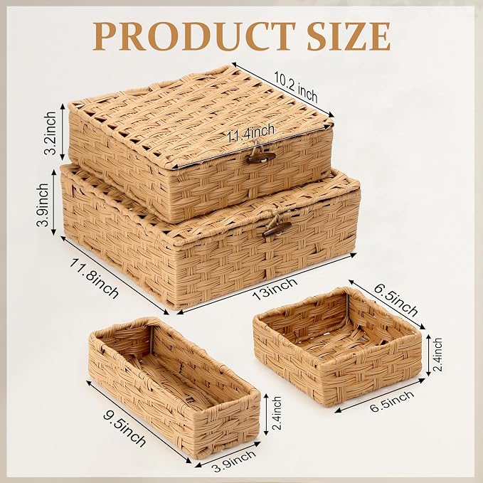 Newtay Set of 4 Woven Wicker Storage Baskets with Lids, Decorative Storage Boxes Lidded Rattan Organizer Bin Home Decor for Shelf, Coffee Table, Closet, Bathroom, Living Room(Plastic,Natural Color)