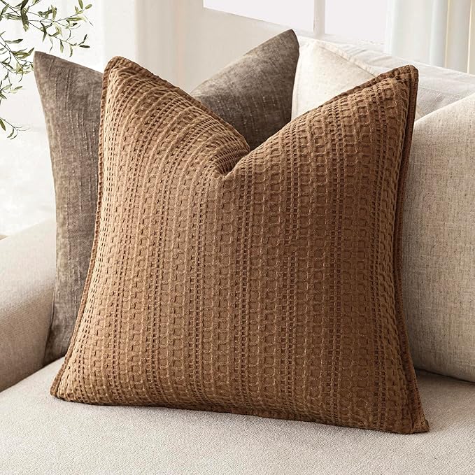 Foindtower Set of 2 Decorative Cotton Waffle Weave Throw Pillow Covers Euro Shams Cushion Covers Accent European Pillowcase for Bed Couch Sofa Bedroom Living Room Home Decor 22×22 Inch Orange Brown