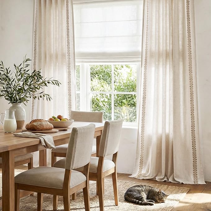 jinchan Beige Linen Blend Curtains with Woven Trim Boho Curtains 96 Inches Length 2 Panels for Living Room Bedroom Light Filtering 50 Inches Wide Rustic Farmhouse Drapes with Rod Pocket Back Tab Ecru