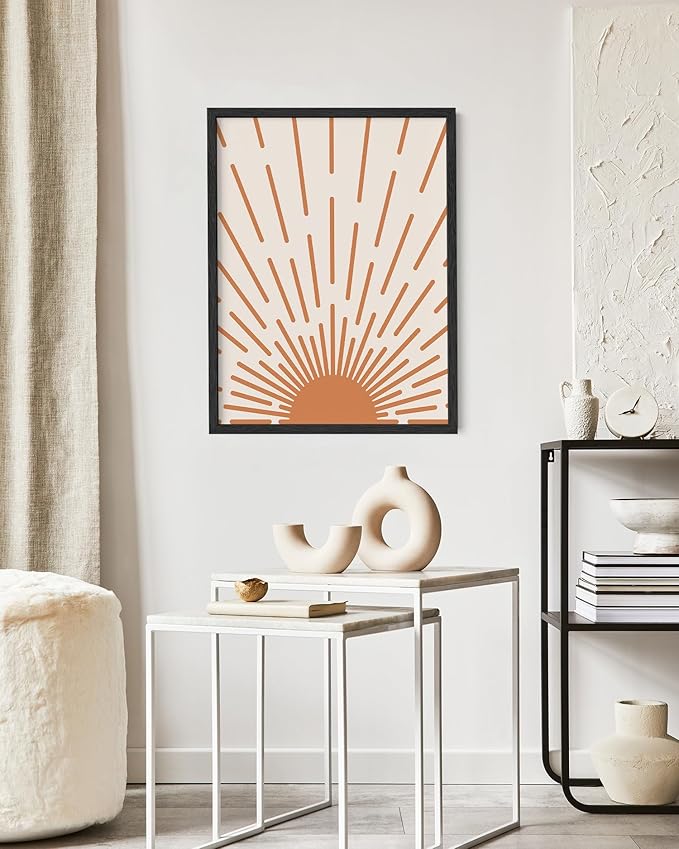 Minimalist Sunburst Wall Art Abstract Geometric Arch Earth Tones Terracotta Mid Century Modern 16x20 Inch Oak Wood Black Framed Boho Sunrise Print for Bedroom Living Room Decor