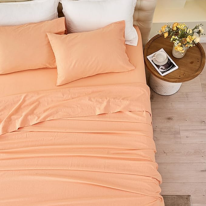 BISELINA Linen Sheet French Flax Flat Sheet Only 55% Euro Linen 45% Cotton Basic Style Solid Color Soft Breathable Farmhouse Top Sheet 1-Piece (Twin, Peach)