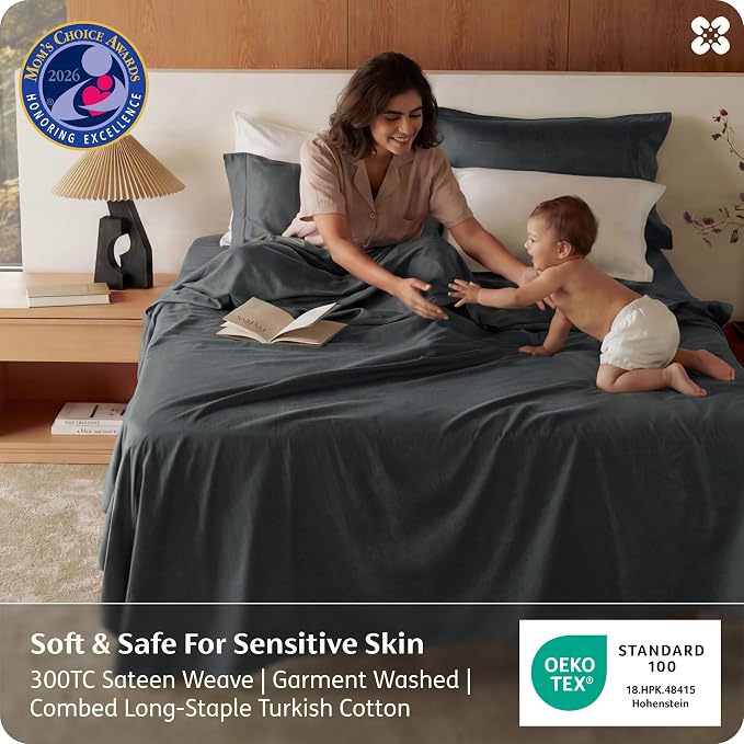 Bedsure 100% GOTS Certified Organic Cotton Sheets, King Size Sheets Set, 17" Deep Pocket Bedsheets with Corner Straps, Eco-Friendly, Soft, Breathable & Luxury PureWoven Cotton Hotel Bedding, Charcoal