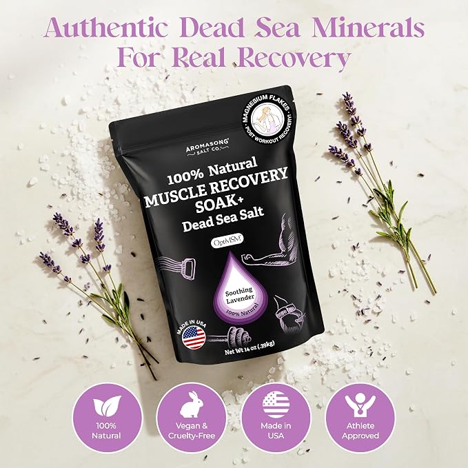 Aromasong Muscle Recovery Bath Soak with Dead Sea Salt, OptiMSM, Magnesium Flakes & Essential Oils for Post Workout Soreness - Made in USA - 14 oz. Bag Bath Salt for Pain Relief.