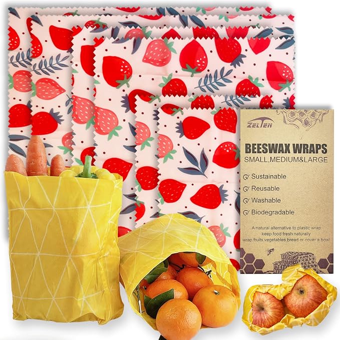 Beeswax Reusable Food Wraps - (6 Packs, 3 Sizes S,M,L, with 2 Meter Hemp Rope, Two Buttons) Plastic and Silicone Free, Eco-friendly Wrap, Wax Paper for Food,Strawberry