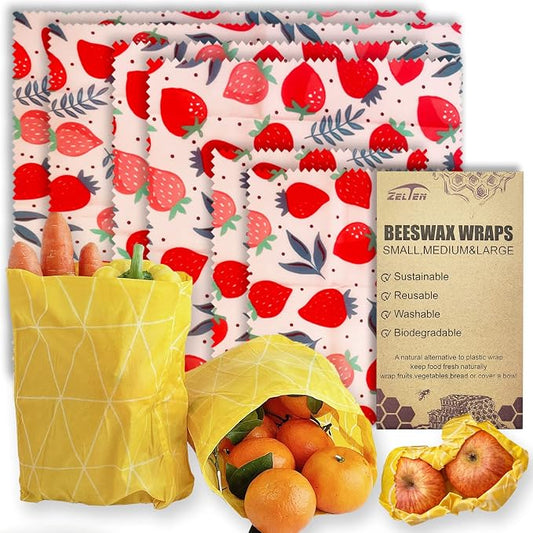 Beeswax Reusable Food Wraps - (6 Packs, 3 Sizes S,M,L, with 2 Meter Hemp Rope, Two Buttons) Plastic and Silicone Free, Eco-friendly Wrap, Wax Paper for Food,Strawberry