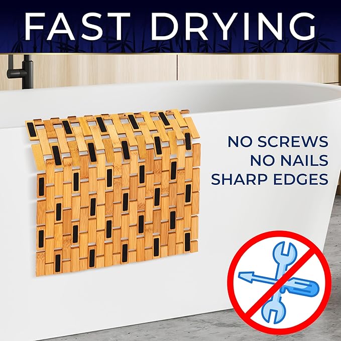 SereneLife Bamboo Bath and Shower Mat, Non-Slip Floor Mat with Extra Grips, Slatted Design, Natural Finish for Bathroom, Spa, Sauna - Rollable and Easy to Clean