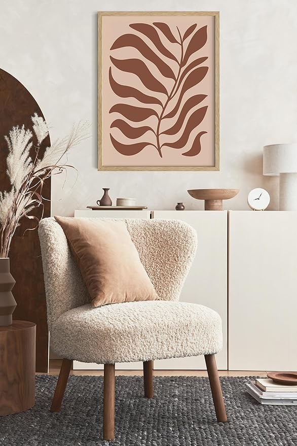 Abstract Organic Leaf Silhouette Wall Art Botanical Shapes Earth Tones Terracotta Mid Century Modern 16x20 Inch Oak Wood Beige Framed Minimalist Print for Bedroom Decor