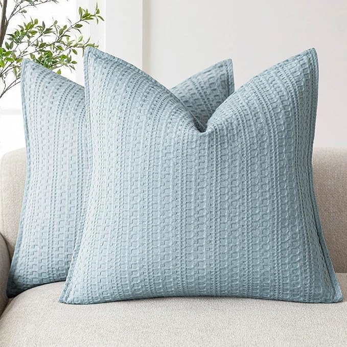 Foindtower Set of 2 Decorative Cotton Waffle Weave Throw Pillow Covers Euro Shams Cushion Covers Accent European Pillowcase for Bed Couch Sofa Bedroom Living Room Home Decor 20×20 Inch Light Blue