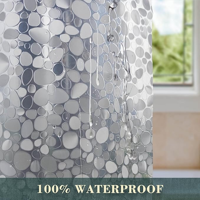 No Hook Shower Curtain or Liner - 8G Heavy Duty Cobblestone Bathroom Shower Curtain No Hooks Required, Waterproof Plastic & PVC Free, Standard Size 71 x 74, Pebble