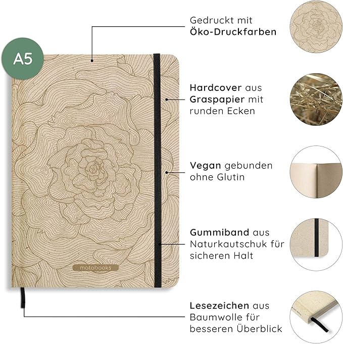 Sustainable A5 Notebook/Journal/Bullet Journal/Writing Book/Notebook Made of Sweetgrass Paper - Nari Colour: Rose Gold (Dotted)