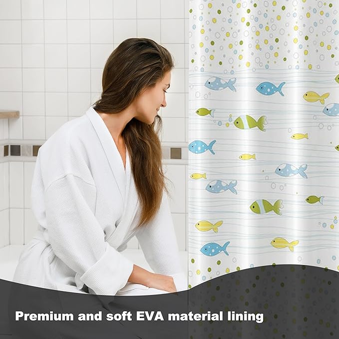 Plastic Shower Curtain Liner, Premium EVA 5G Cartoon Fish Shower Curtain, Shower Curtains for Bathroom with 3 Magnetic Weights and Rustproof Grommets (Cartoon Fish, 72x72 in)