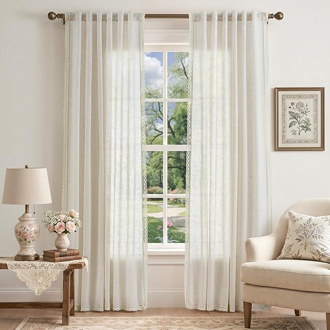 jinchan Linen Curtains for Living Room Bedroom Light Filtering Semi Sheer Curtains Boho Farmhouse French Country Cottage Core Decor Window Drapes Back Tab 84 Inch Length Laced Beige