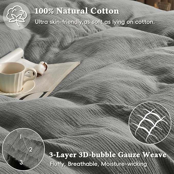 David's Home 100% Cotton Muslin Duvet Cover Set King Size,3 Pcs Ultra Soft Breathable & Lightweight Gauze Bedding Set with 2 Pillowcases,Textured Home Decor with Button,104"×90" Dark Grey,No Insert