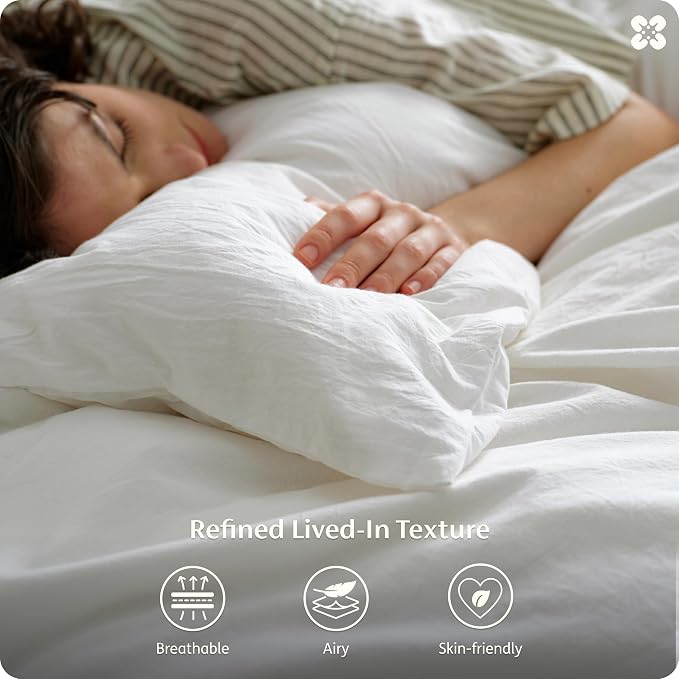 Bedsure Duvet Cover Queen Size - 100% Washed Cotton, Linen-Like Minimalist Bedding - PureWoven Plain Soft Comforter Cover for All Seasons, 1 Duvet Cover Only (Natural White, 90" x 90")
