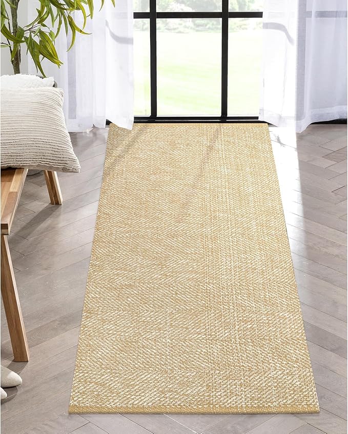 LEEVAN Washable Runner - 2'x5', Tan Hallway Runner, Hand-Woven Reversible Entryway Rug, Cotton Modern Bedroom, Farmhouse Bathroom, Soft Laundry Room, Long Carpet Sink Foyer