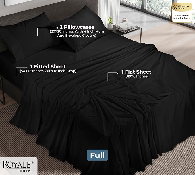 ROYALE LINENS 100% Organic Cotton Full Sheet Set - Percale Weave - 4 Pieces Set - 1 Flat, 1 Deep Pocket Fitted Sheet and 2 Pillowcases - Black Bed Sheets - Sábanas Full - Crisp Cool (Black)