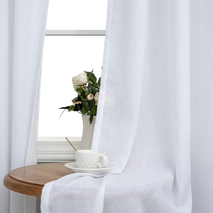 White Linen Curtains 90 Inches Long for Bedroom 2 Panel Grommet Light Filtering Drape Semi Sheer Privacy Soft Cotton Lace Textured Simple Vintage Curtains for Living Room Country Farmhouse Decor 52x90