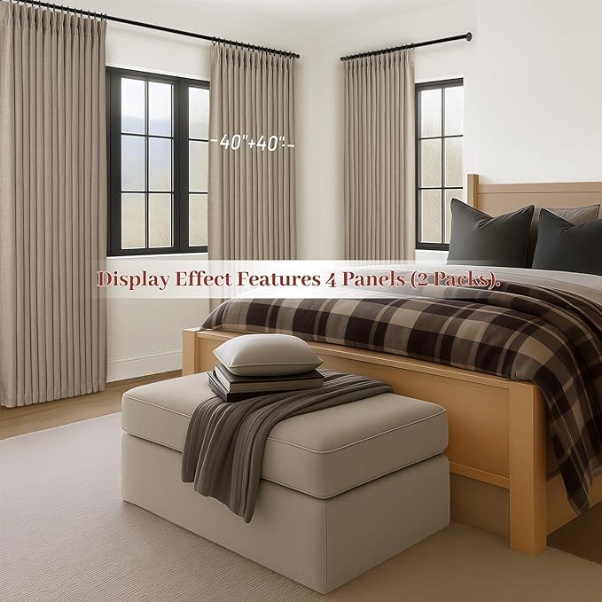 Pinch Pleated Warm Beige Blackout Mini Curtains 54 Inch Length 2 Panels for Cafe, Memory Shape Two Layer Thick Linen Insulated Noise Reducing Drapes Light Blocking Rustic Windows Curtain for Basement