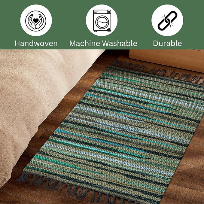 Cotton Chindi Rug - Boho Rustic Area Accent Throw Rug - Area Floor Carpet for Bedroom Living Room Kitchen Dorm Entryway Hallway - 20x32 inch Hand Woven Reversible Area Rug Green Multi