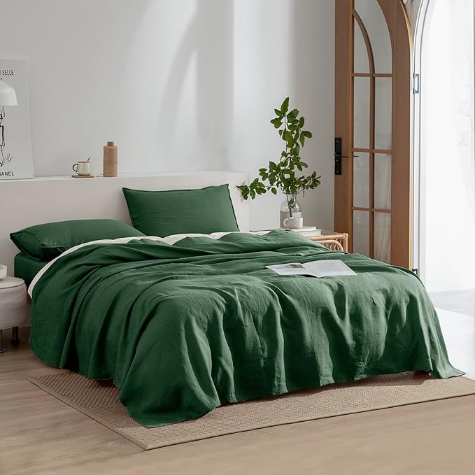 EVERLY Linen Queen Size Sheets Set,100% French Washed Pure Linen Bed Deep Pocket Sheets,4Pieces(1Flat Sheet,1Fitted Sheet,2Pillowcases) Suitable for Hot Sleepers,180GSM Dark Green Bedding Set