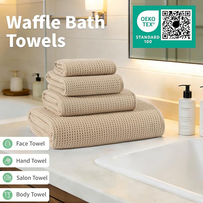 MICROFI Waffle Weave Bath Towel Set, Microfiber, 4 Pieces (Body/Hair/Hand/Face), Quick Dry, Lightweight, Super Absorbent, Lint Free, 380 GSM (Beige)