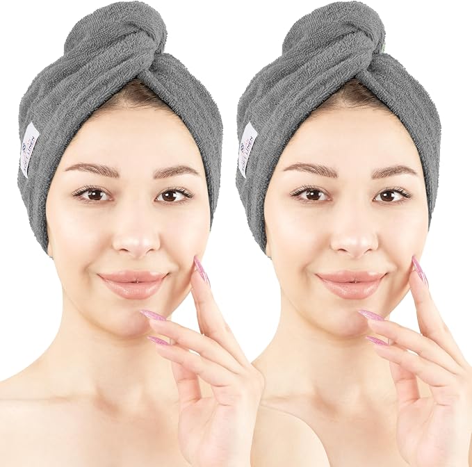 American Soft Linen 100% Cotton Hair Towels for Women, Head Towel Cap, Cotton Hair Turban Towel Wrap for Long Curly Anti Frizz Hair, Soft and Absorbent Cotton Hair Towels 2 Pack, Dark Gray