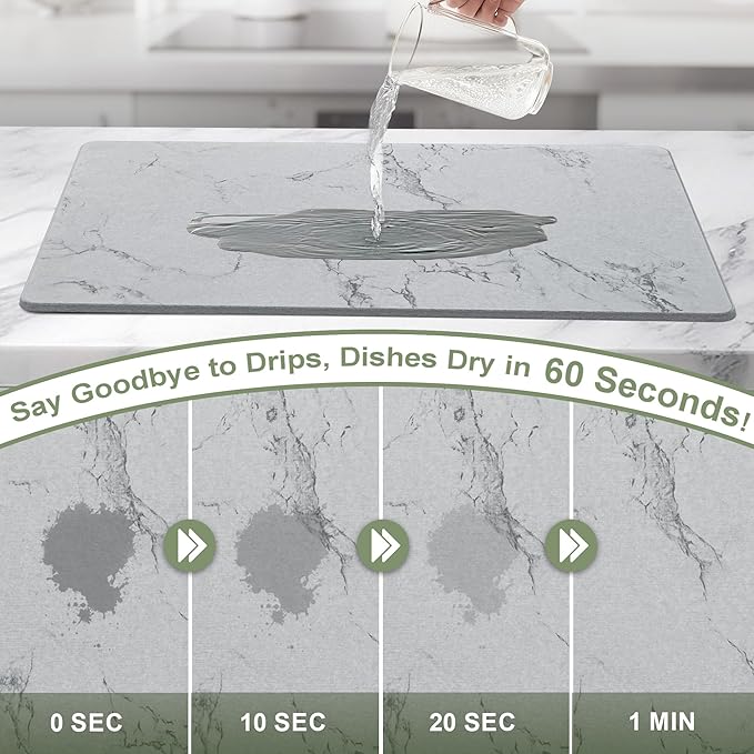 Large Stone Drying Mat for Kitchen Counter, 24" × 16" Diatomite Dish Drying Mat, Quick Dry Stone Mats, Ultra Absorbent Natural Diatomaceous Earth Mats for Dished, Bottles, Grey Marble