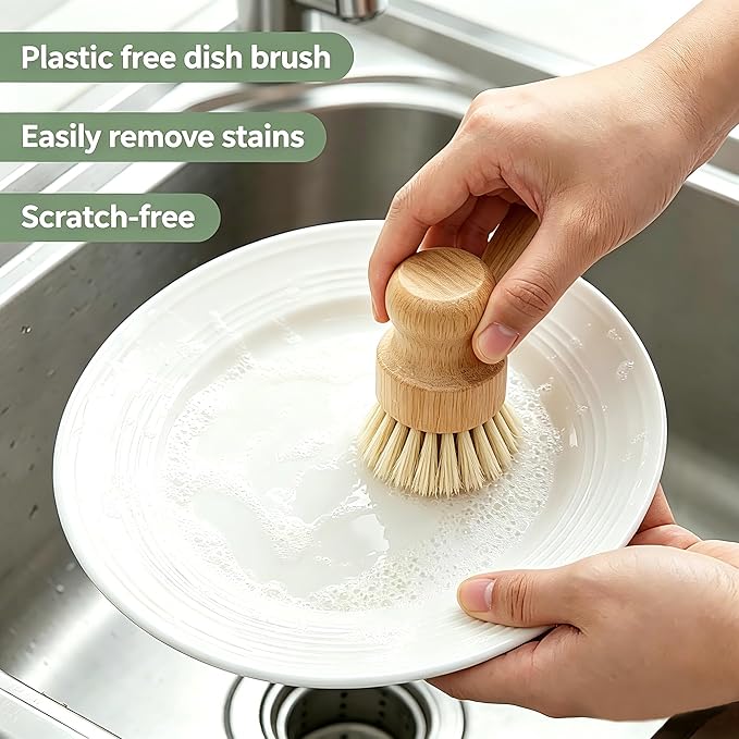 Bamboo Dish Brush Set with Palm and Sisal Bristles, 4 Pcs Natural Bamboo Dish Scrubber Brush for Kitchen Cleaning, Pots, Pans, Vegetables, Fruit