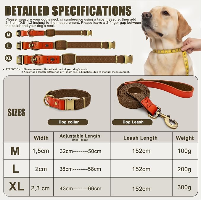 Dog Collar and Leash Set with Metal Quick Release Buckle, Adjustable, Breathable Nylon, Durable, Soft and Comfortable, No Pull for Walking and Training, Brown, XL (16.9"-26")