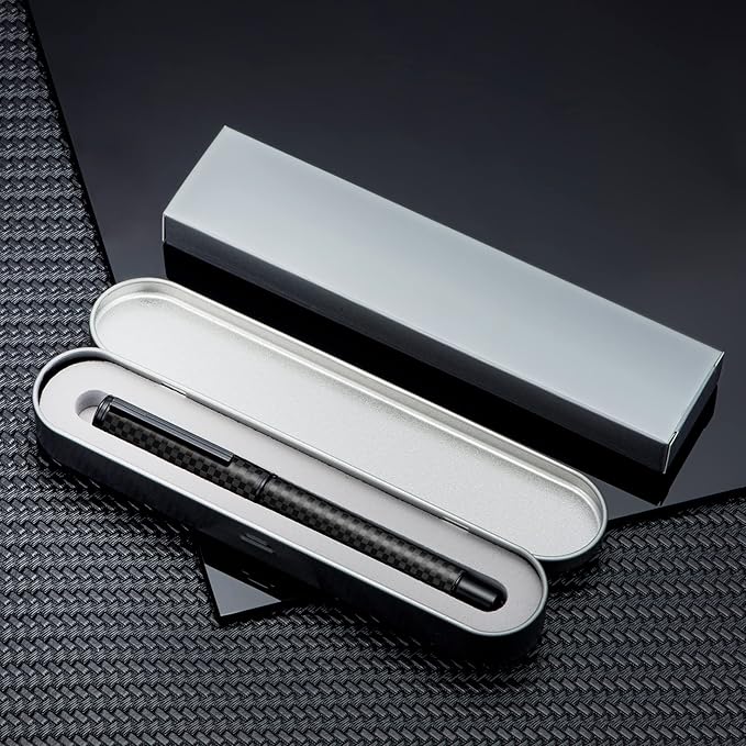 HONG DIAN Black Forest Pro Carbon Fiber Fountain Pen, Medium Nib Modern Design Smooth Writing Pen with Ink Refill Converter and Metal Pen Box Set