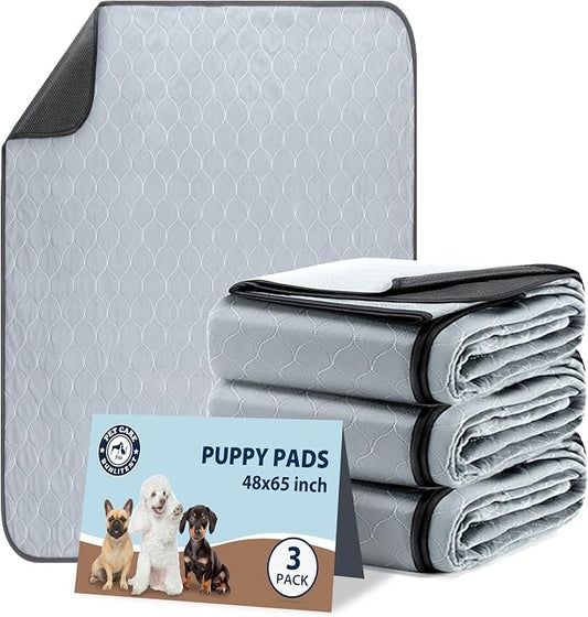 Washable Pee Pads for Dogs, Reusable Puppy Pads 48x65, 3 Pack, White Grey | Reusable, Fast Absorbent, Waterproof, Non-Slip, For Whelping, Training, Incontinence & Potty, For Dog Playpen, Crate, Car